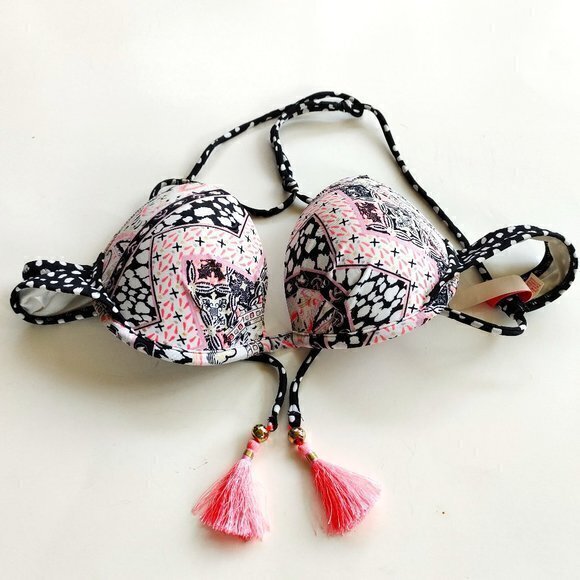 VICTORIA’S SECRET PINK & BLACK SWIM BIKINI TOP Tassles Womens Size‎ 34A - Picture 1 of 6